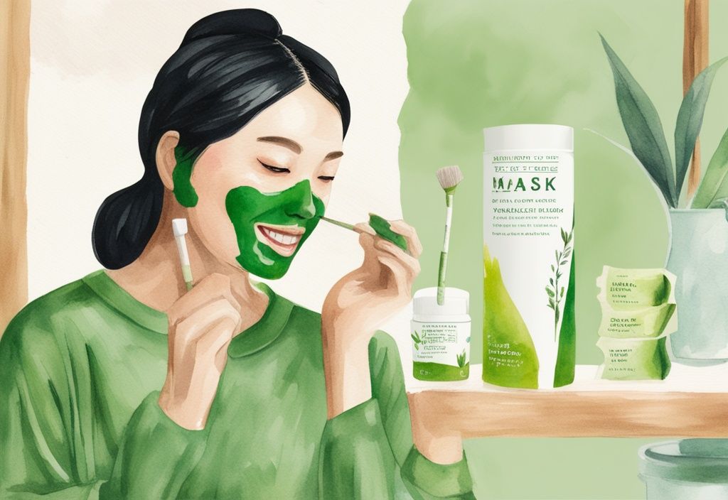 Modern watercolor illustration of a woman applying a green tea mask stick with a pleased expression, highlighting the product in the foreground, addressing the question "does the green tea mask stick work".