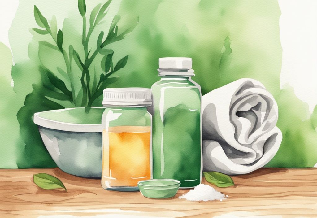 Modern watercolor illustration of natural ingredients for non-toxic laundry detergent, featuring baking soda, vinegar, essential oils, and a fresh jar on a wooden surface, green theme.