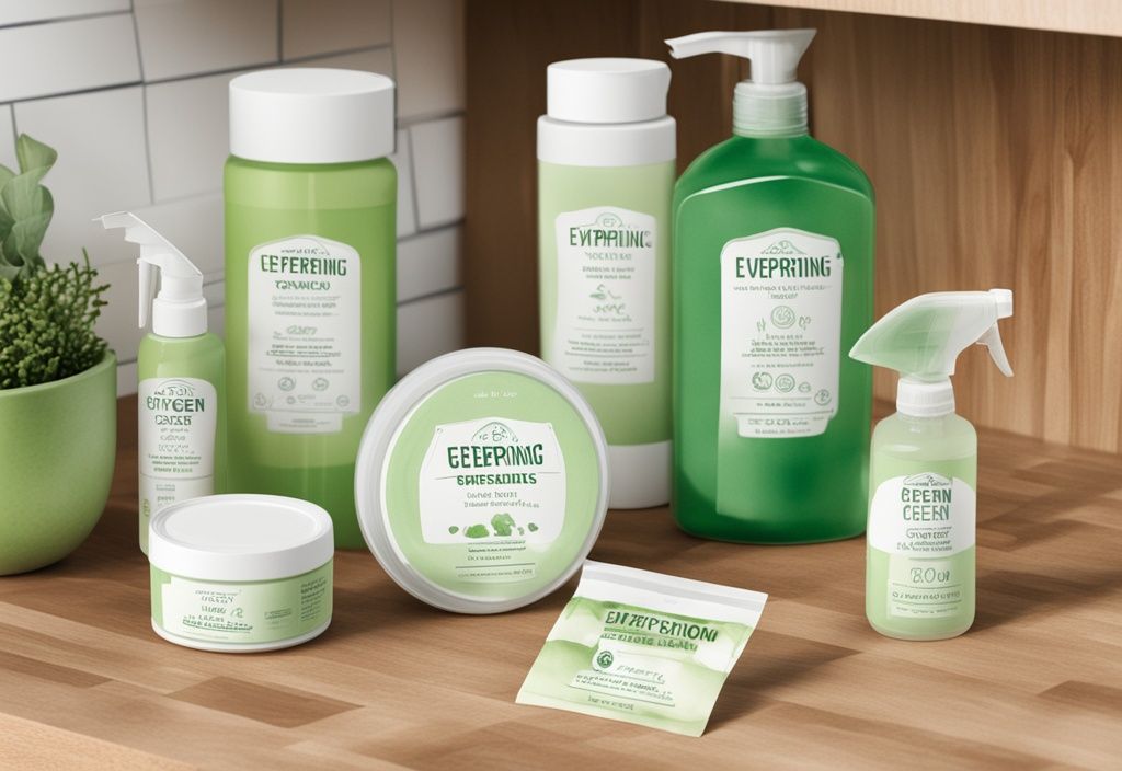 Modern watercolor illustration of Everspring non-toxic cleaning products on wooden kitchen countertop.