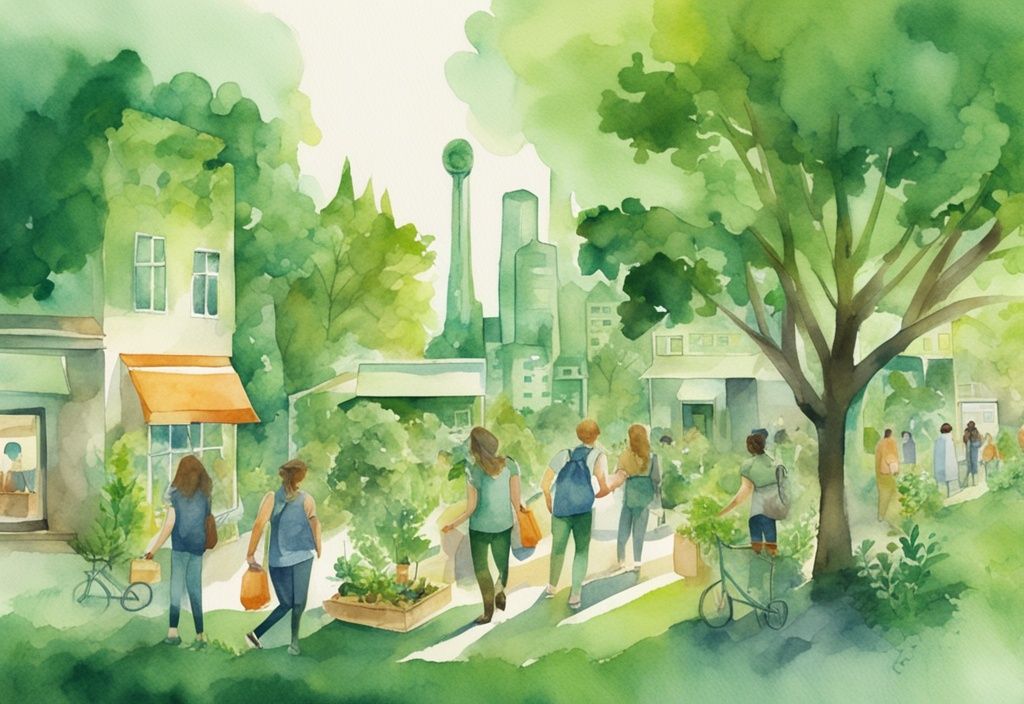 Modern watercolor illustration of a green world with people using reusable shopping bags, water bottles, and renewable energy sources, demonstrating what does eco friendly mean.