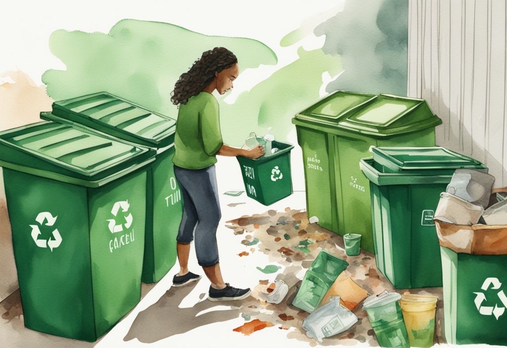 Modern watercolor illustration of a person sorting household trash into recycling, compost, and landfill bins, demonstrating how to go zero waste.