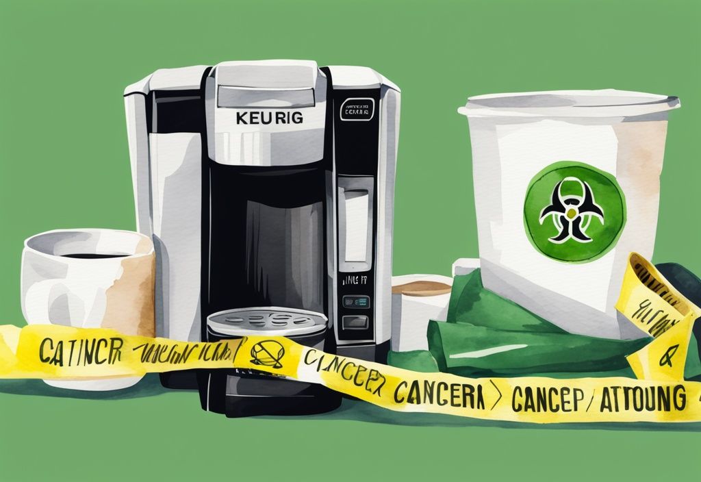 Modern watercolor illustration of a Keurig coffee maker surrounded by caution tape and a cancer warning sign, emphasizing Keurig cancer warning.