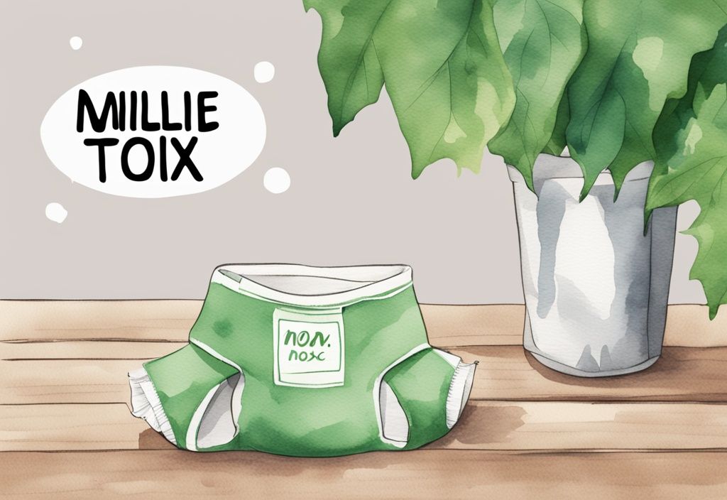 Modern watercolor illustration of Millie Moon diapers on a wooden table with green leaves and a "Non-toxic" text bubble