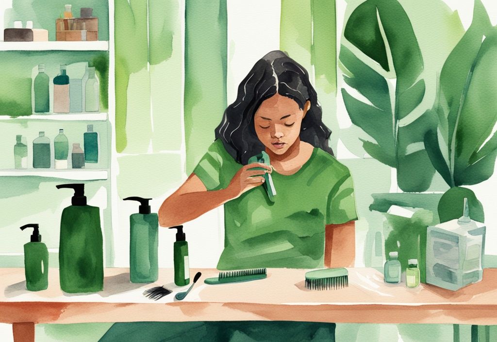 Modern watercolor illustration of a concerned individual examining a hairbrush full of hair with a bottle of Native shampoo in the background, addressing the question: does Native shampoo cause hair loss.