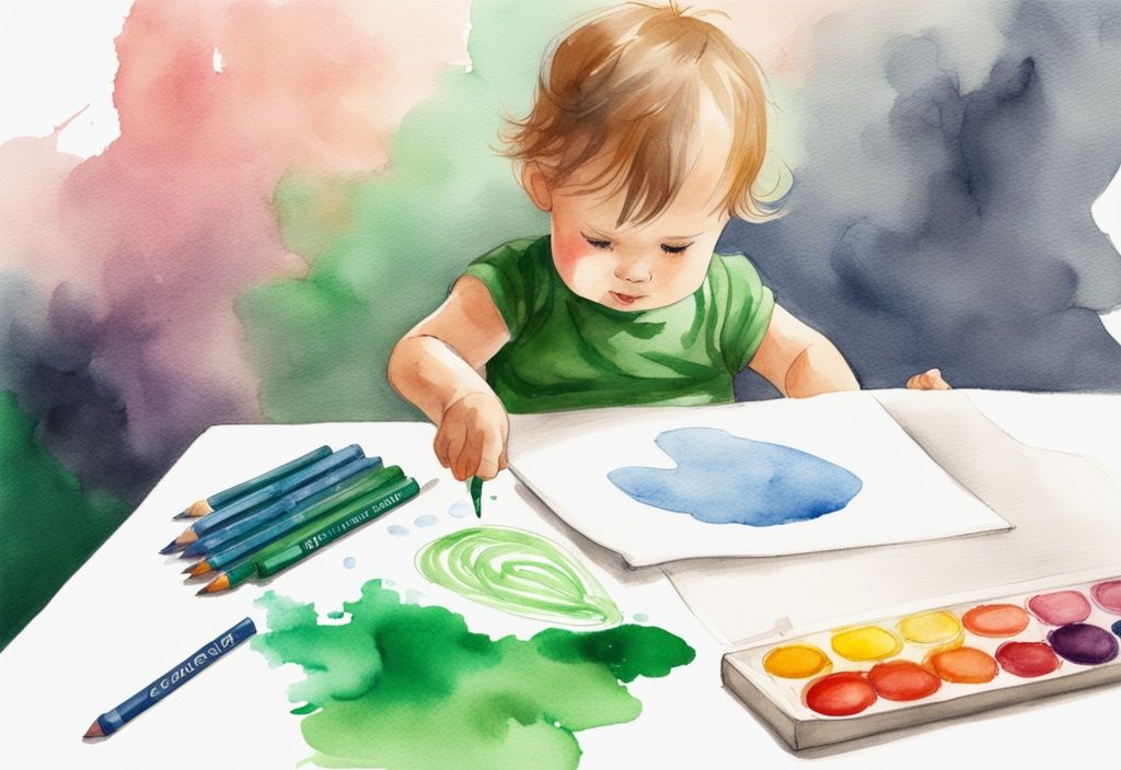 Modern watercolor illustration of a one-year-old child happily doodling with vibrant non-toxic crayons for 1 year old.