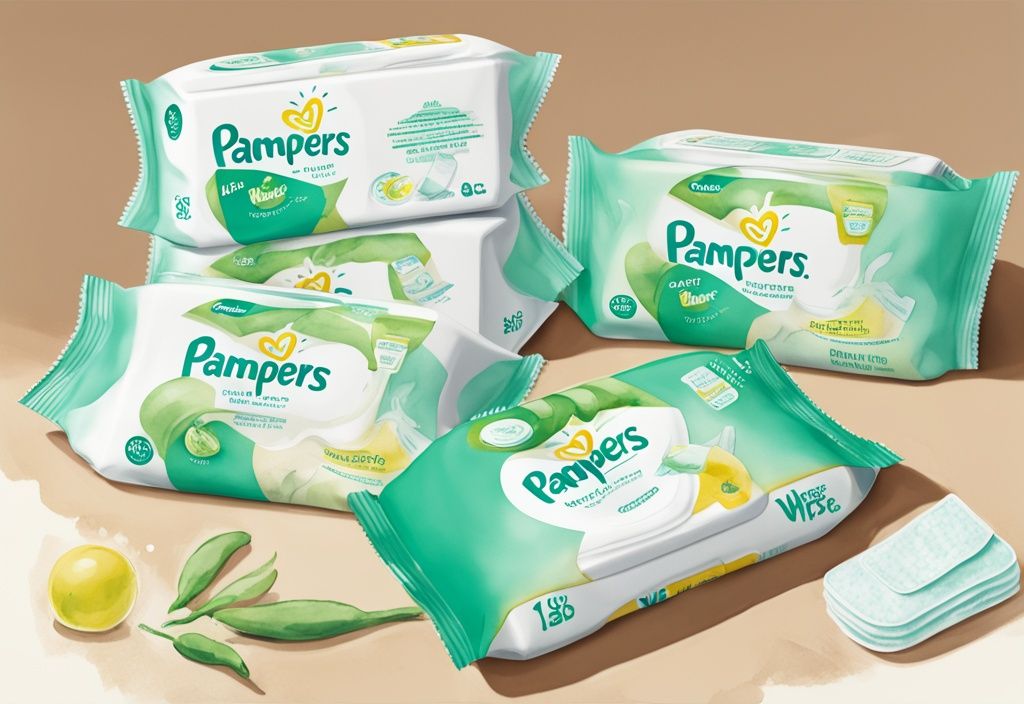 Modern watercolor illustration of Pampers Sensitive Wipes opened, showing wipes and key ingredients like aloe vera and water; pampers sensitive wipes ingredients.