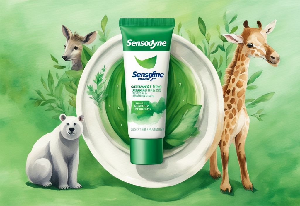 Modern watercolor illustration of Sensodyne toothpaste with cruelty-free logo, featuring happy, healthy, free-roaming animals, green color theme