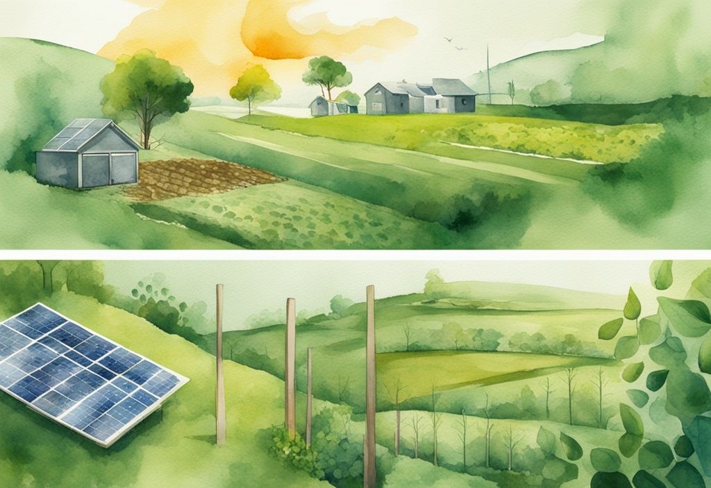 Modern watercolor illustration of eco-friendly habits like recycling and tree planting, and sustainable practices such as solar panel usage and sustainable farming, with a green color theme.