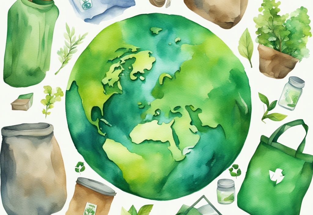 Modern watercolor illustration of a green-themed Earth surrounded by recycling symbols, cloth bags, glass jars, and compost bins representing zero waste and sustainability.