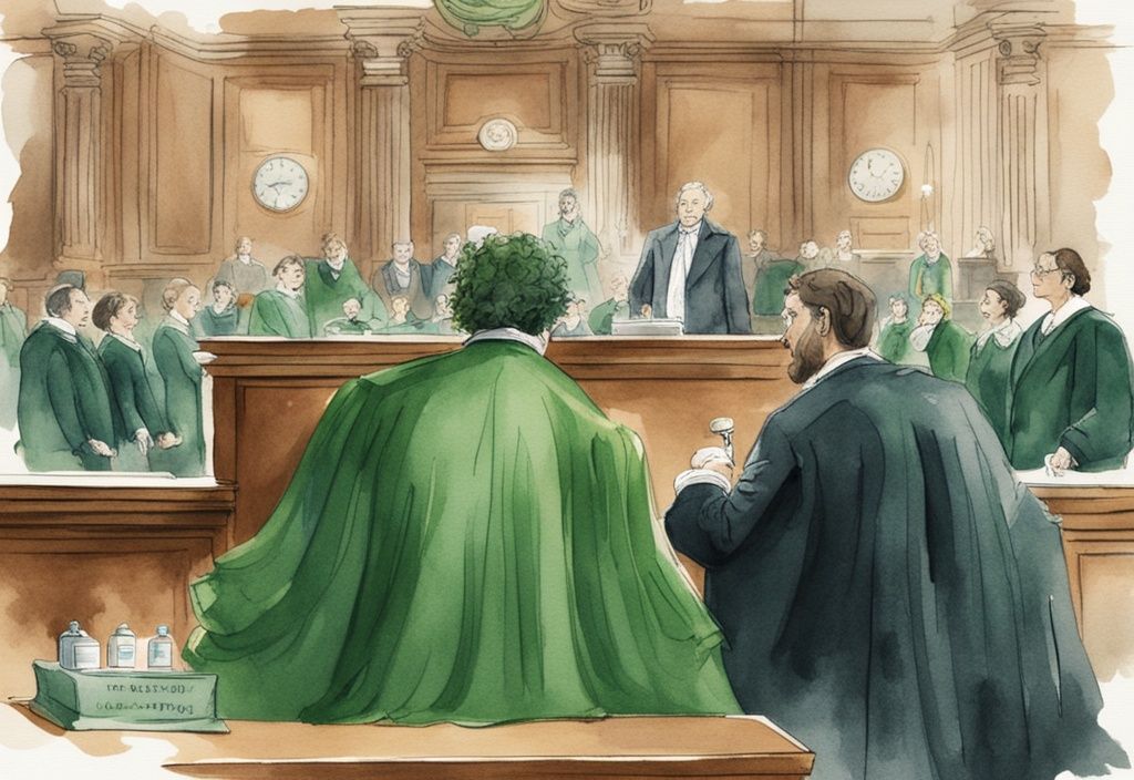 Modern watercolor illustration of a green-themed courtroom drama over a hair product, featuring a large bottle on the evidence stand and snippets of prose.