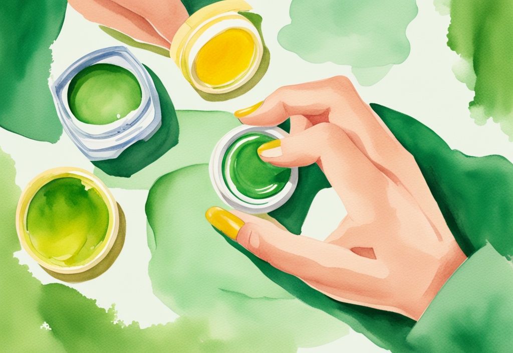 Modern watercolor illustration of two hands applying Carmex lip balm and Vaseline with a green color theme.