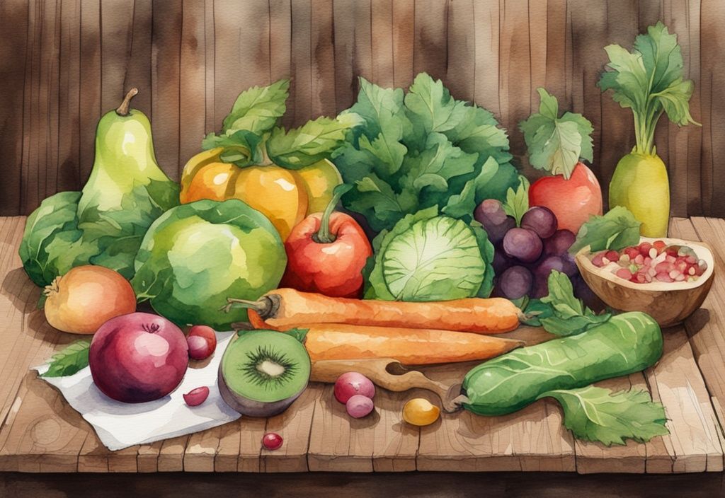 Modern watercolor illustration of organic fruits and vegetables on rustic wooden table with green color theme