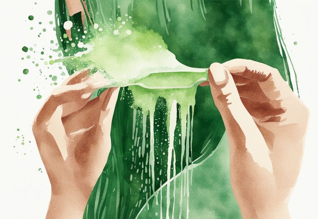 Modern watercolor illustration of hands pouring native shampoo to treat flaky dandruff in green color theme