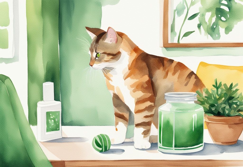 Modern watercolor illustration of a green-themed living room with a curious domestic cat sniffing an Air Wick air freshener on a table.