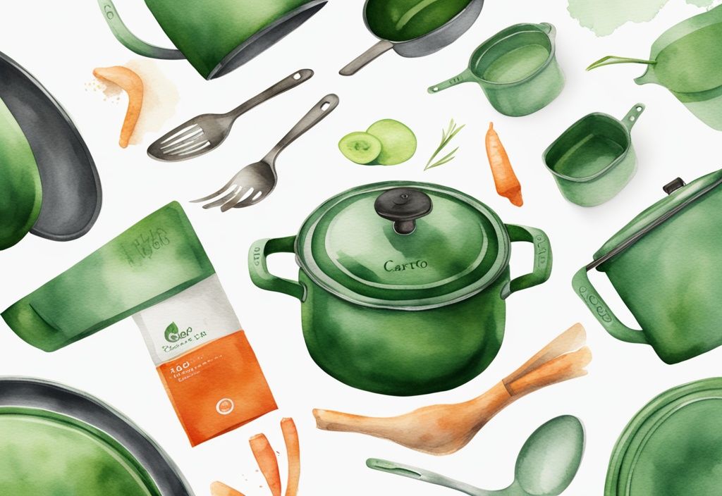 Modern green watercolor illustration of Carote cookware, highlighting non-toxic label and eco-friendly materials.