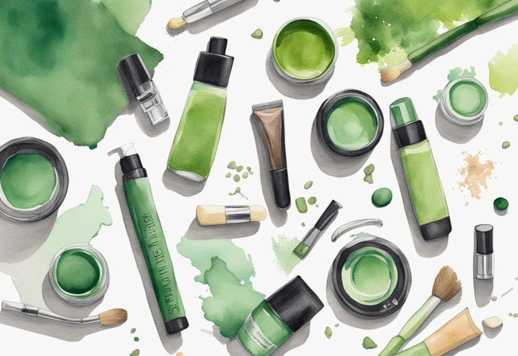 Modern watercolor illustration of green-themed vegan beauty products on a white surface, symbolizing clean and clear cruelty-free ingredients.