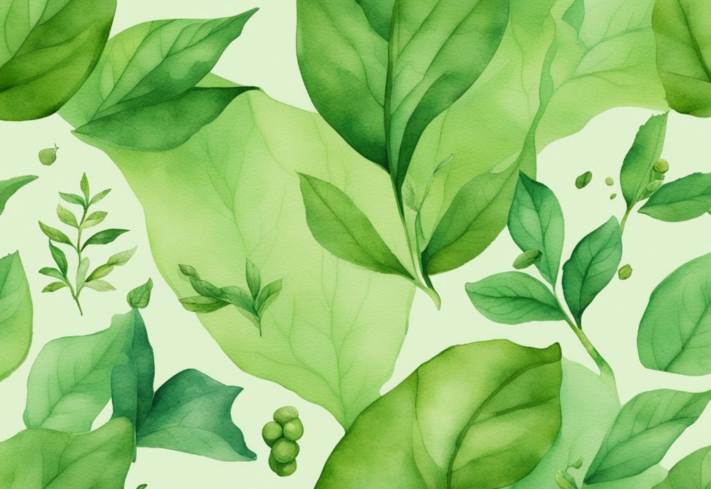 Modern watercolor illustration of what is organic tea with green-themed organic tea leaves, nature symbols like leaves, flowers, and a tea plantation field in the background.