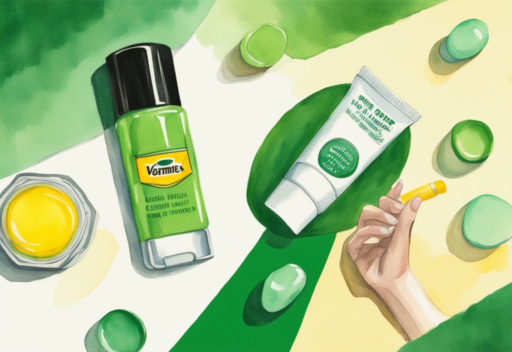 Modern watercolor illustration of hands applying Carmex lip balm and Vaseline, green color theme