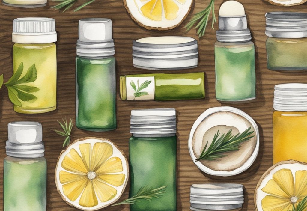 Modern watercolor illustration of a rustic wooden table with Burt's Bees chapstick, beeswax, coconut oil, peppermint, and rosemary extract, green theme.