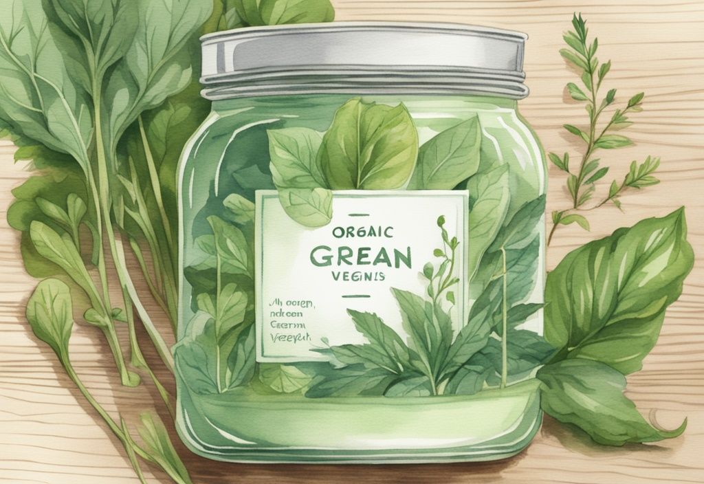 Modern watercolor illustration of a glass jar of organic vegan cream surrounded by fresh leafy green herbs on a light wooden surface