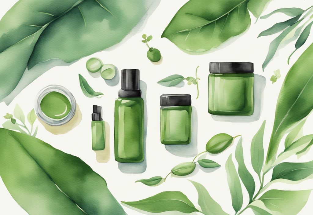 Modern watercolor illustration of vegan moisturizer jars and tubes with green leaves and natural elements.