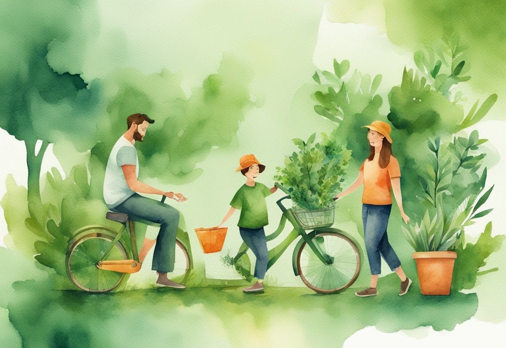 Modern watercolor illustration of a family engaging in eco-friendly activities like recycling, tree planting, and using sustainable products, with a green color theme.