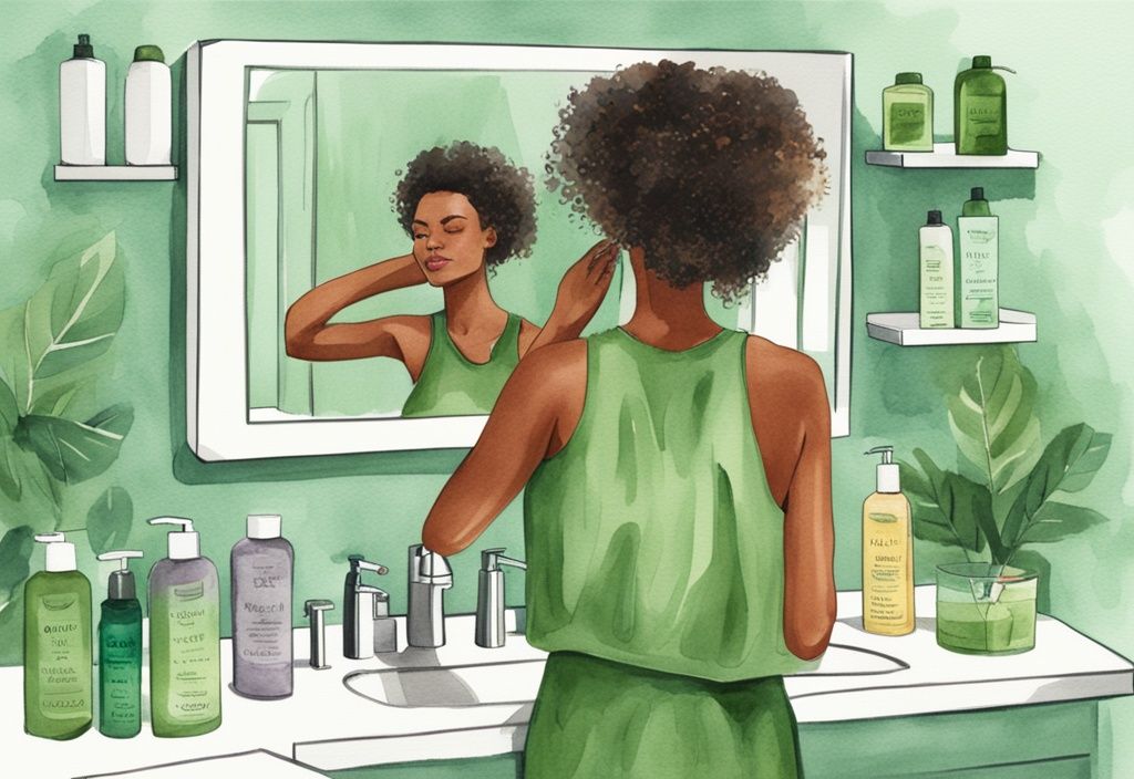 Modern watercolor illustration of a woman examining her hair in the mirror with native hair care products on the counter, addressing the question is native bad for your hair.