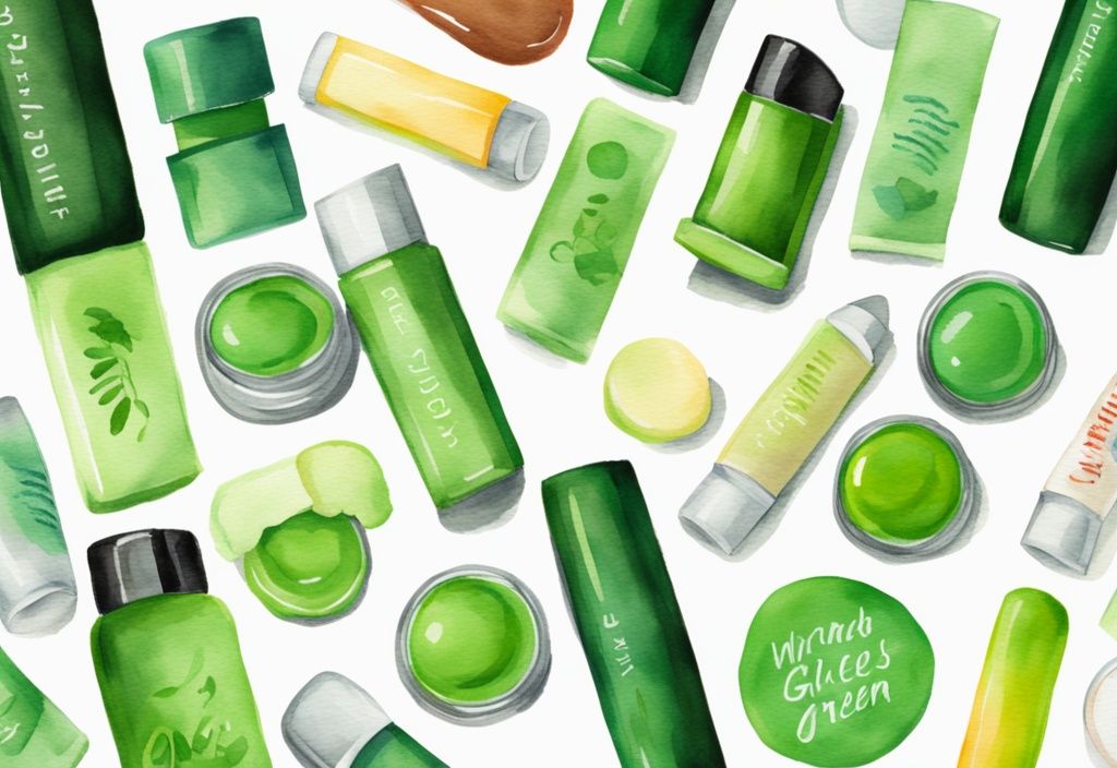 Modern watercolor illustration of vibrant, gluten-free lip balms against a fresh, green, natural background, highlighting their organic origins.