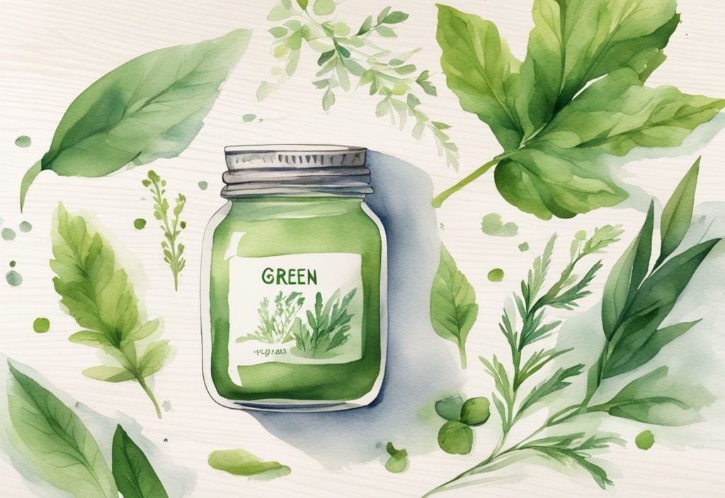 Modern watercolor illustration of a green-themed glass jar of organic vegan cream surrounded by fresh leafy herbs on a light wooden surface