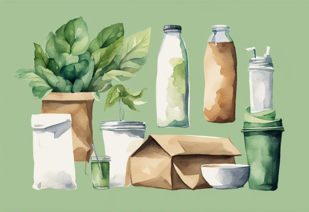 Modern watercolor illustration of zero waste lifestyle items: reusable shopping bags, coffee cups, water bottles, cloth napkins, and a glass jar with bulk food, in green theme.