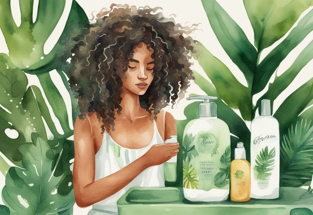 Modern watercolor illustration of a curly-haired person washing hair with native shampoo, surrounded by tropical and botanical elements, green color theme.