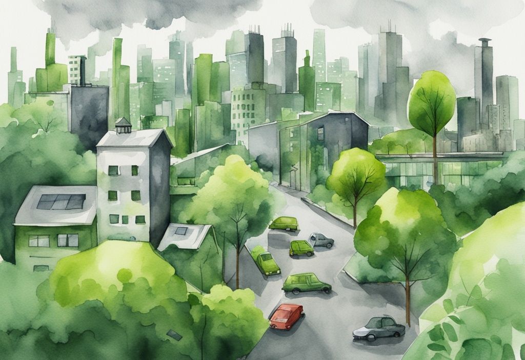 Modern watercolor illustration contrasting gray industrial city with lush green environment, symbolizing what does being green mean through sustainable versus non-sustainable lifestyles.