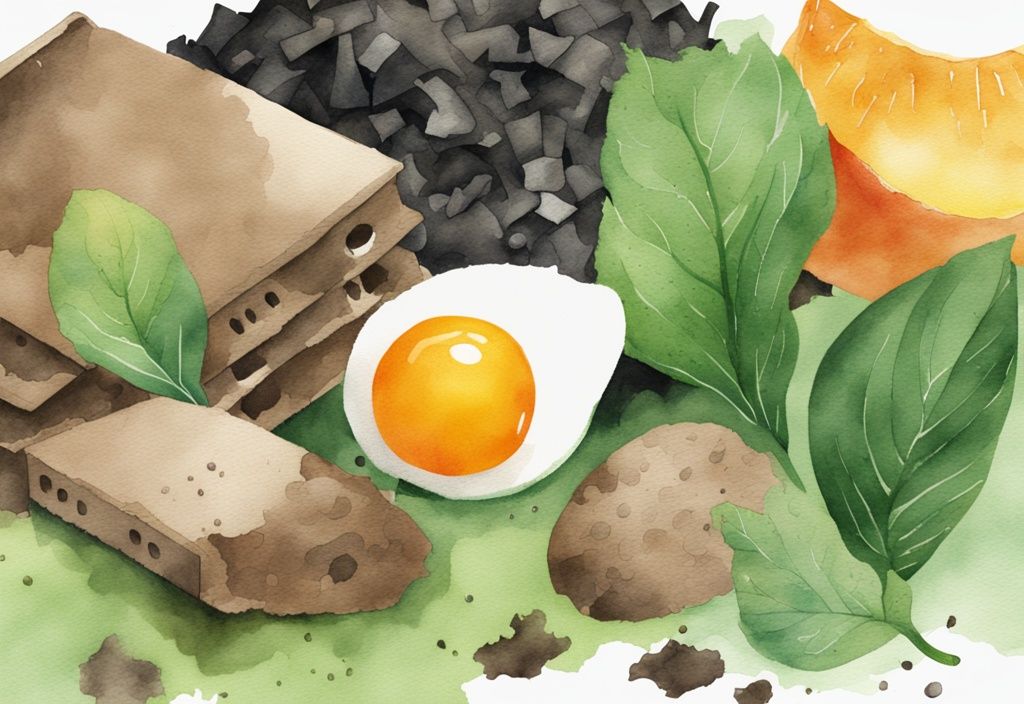 Modern watercolor illustration of a green-themed compost pile with breaking down egg cartons, fruit peels, and leaves.