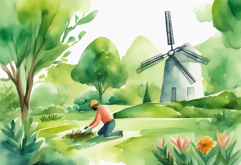 Modern watercolor illustration of a person planting a tree in a lush green garden with solar panels and a windmill in the background, symbolizing renewable energy and sustainability.