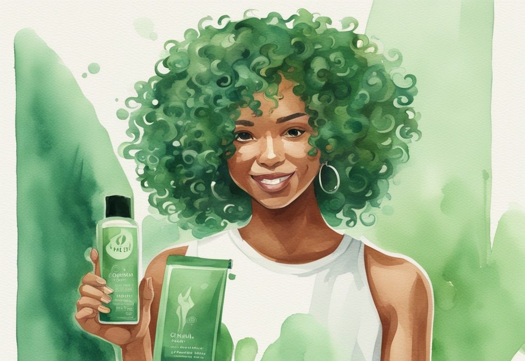 Modern watercolor illustration of a person with curly hair holding a bottle of Native shampoo, highlighting healthy, shiny curls - is native shampoo good for curly hair.