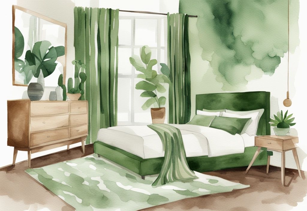 Modern chic bedroom with green watercolor theme, featuring stylish non toxic bedroom furniture made from sustainable materials.