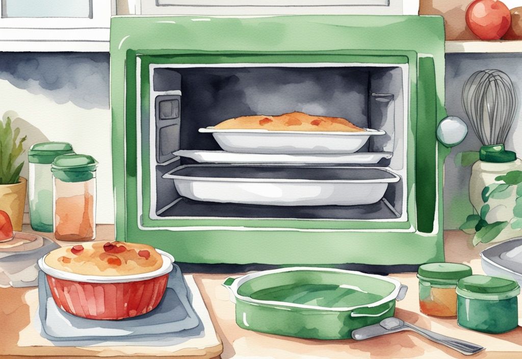 Modern watercolor illustration of a colorful silicone bakeware set inside an open microwave, conveying silicone microwave safe usage with a green color theme.