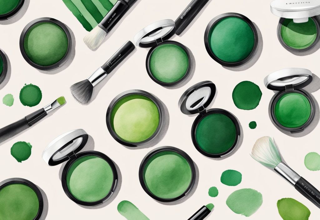 Modern watercolor illustration of bare minerals non toxic makeup products marked with green check symbols.