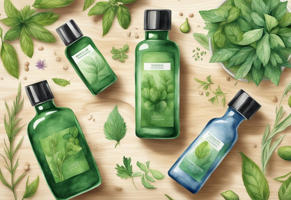 Modern watercolor illustration of herbal essence bottles with green theme, wooden background, and fresh raw herbs.