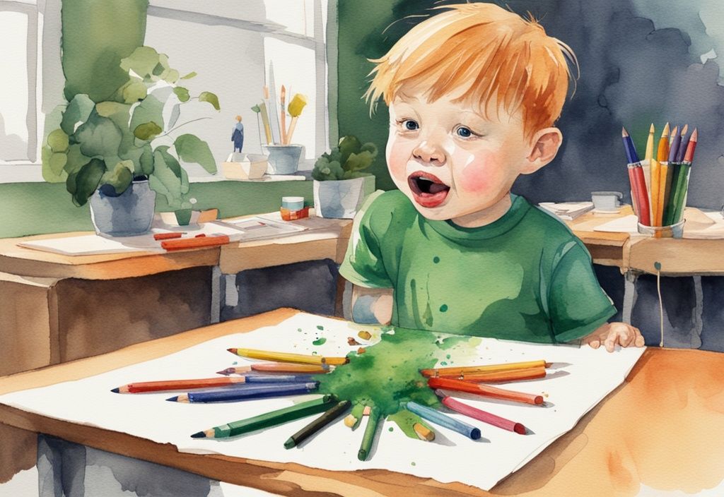 Modern watercolor illustration of a kid with a green theme, looking uncomfortable with half-eaten crayons on the table and colorful smears around the mouth