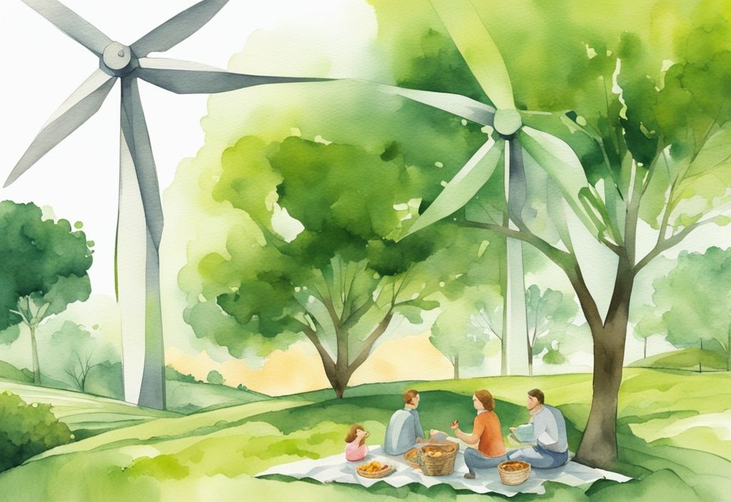 Modern watercolor illustration of a green landscape with wind turbine, solar panels, and a family picnic, highlighting eco meaning in manufacturing.