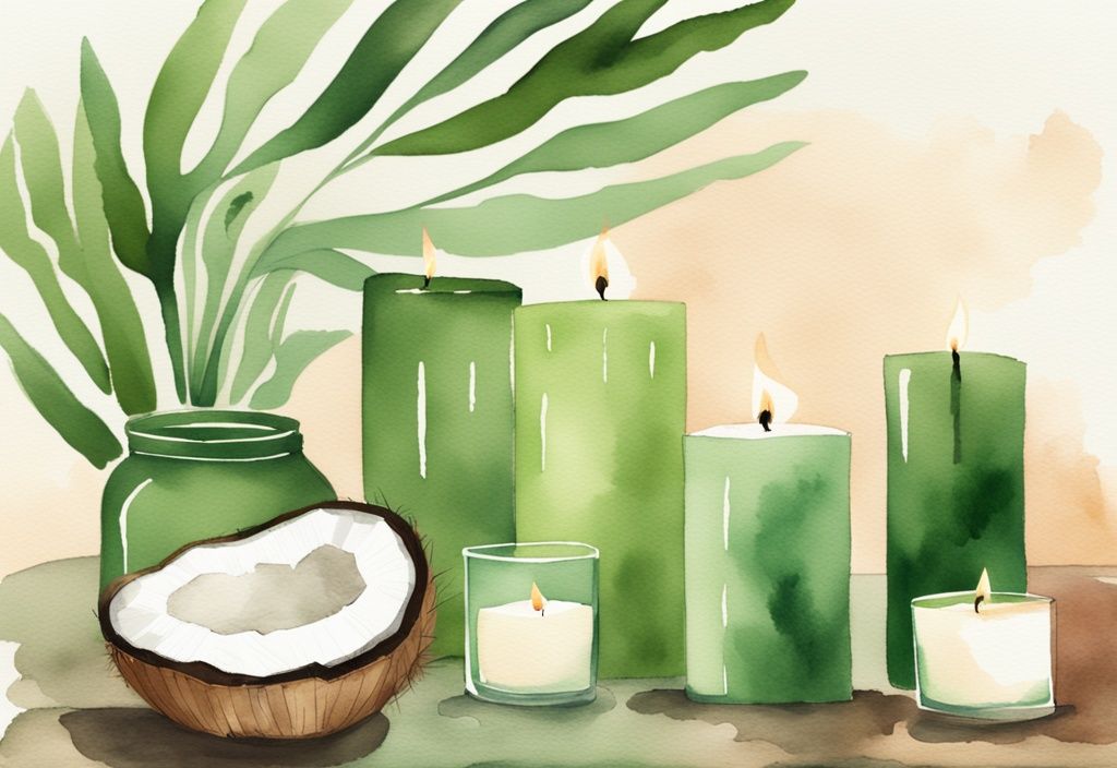 Eco-friendly soy, beeswax, and coconut wax candles in a serene green watercolor illustration