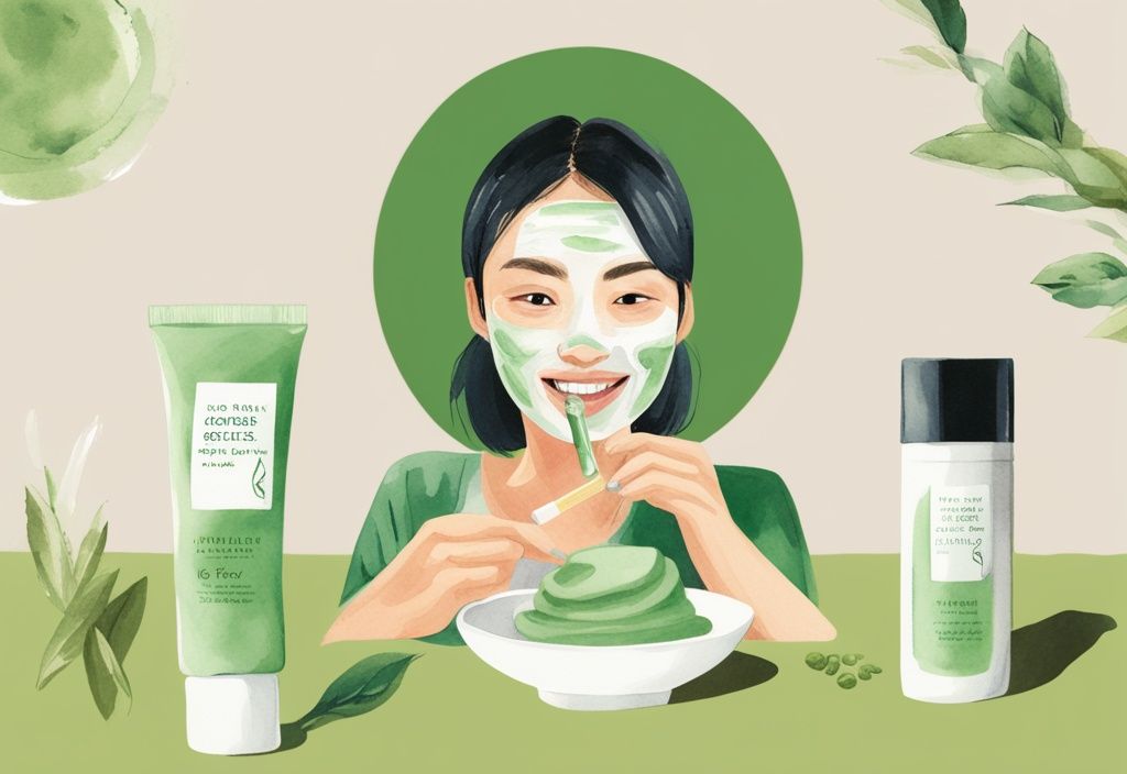 Modern watercolor illustration of a woman applying a green tea mask stick with a pleased expression, product shot in foreground, does the green tea mask stick work