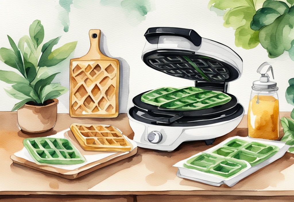 Modern watercolor illustration of a non-toxic waffle maker on a kitchen countertop with golden-brown waffles and green leafy plants, highlighting its eco-friendly feature.