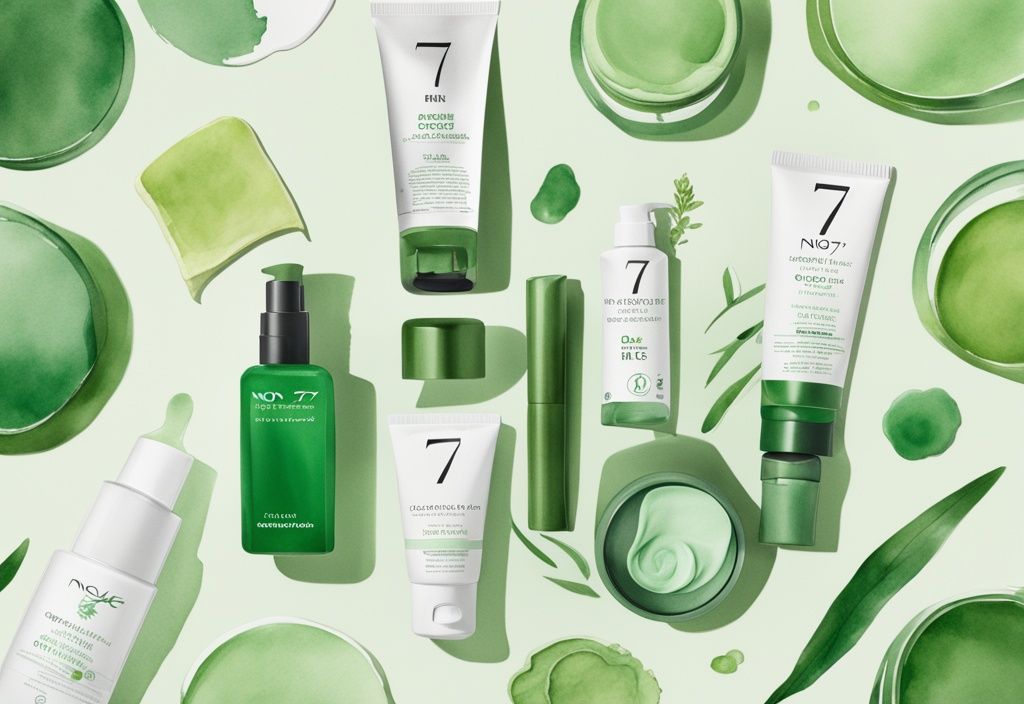 Modern watercolor illustration of No 7 cruelty-free skincare products on a minimalist surface with a natural, light-filled backdrop.