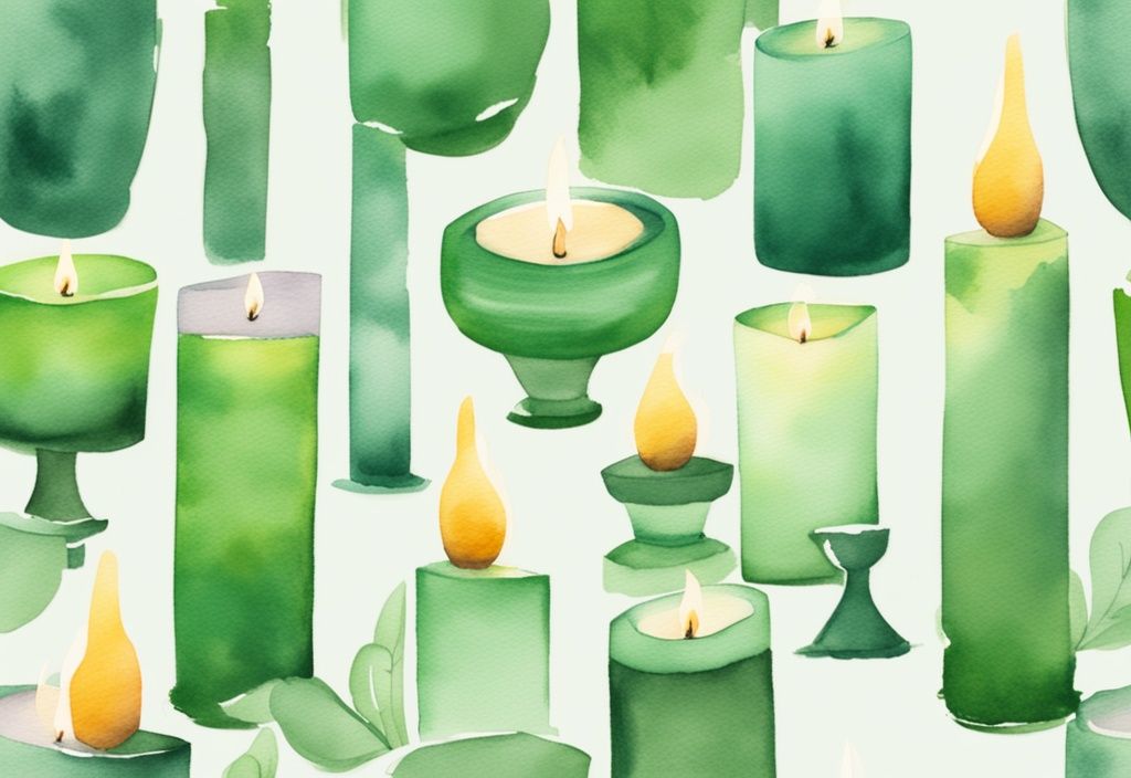 Modern watercolor illustration of colorful soy candles in a serene, non-toxic environment, highlighting the calm and tranquility of soy candles; are soy candles non toxic?