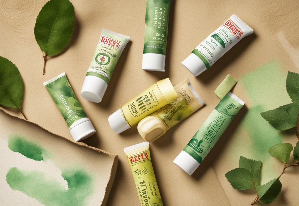 Modern watercolor illustration of Burt's Bees lip balms scattered on rustic wood table with thumbs-up gesture, answering the question "is Burt's Bees lip balm good?