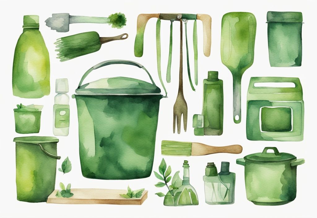 Modern watercolor illustration of green-themed sustainable household items repurposed creatively for eco-friendly living.