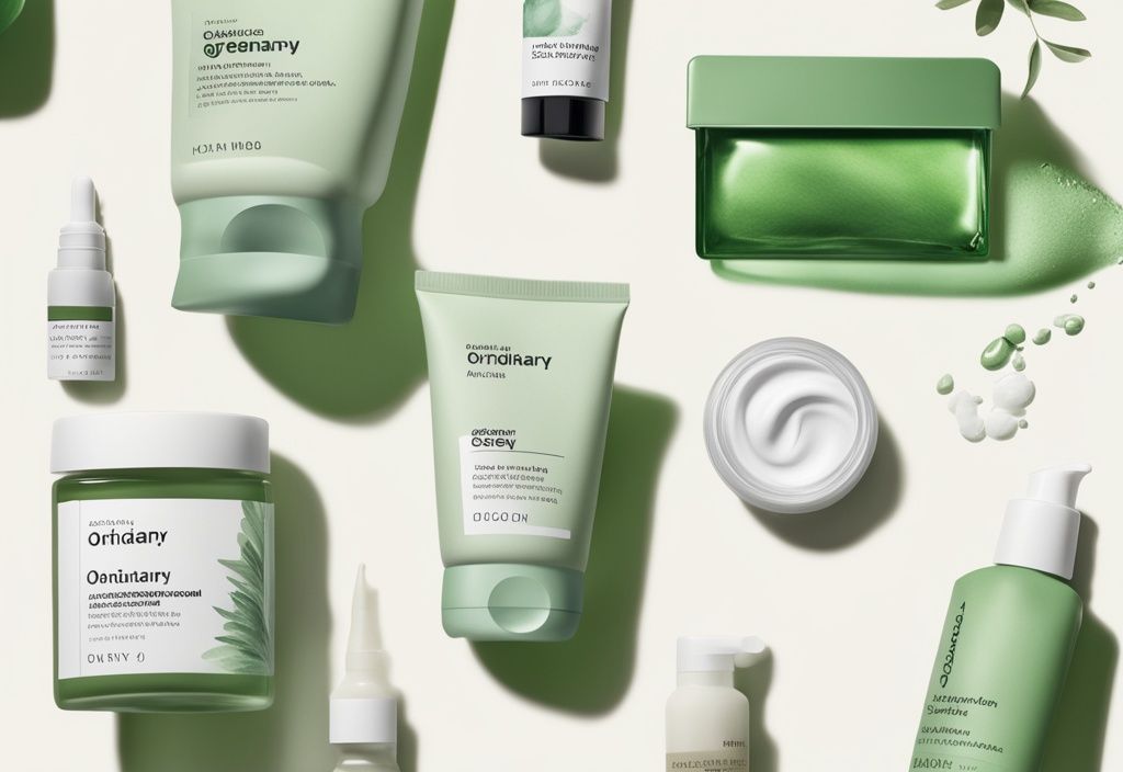 Modern watercolor illustration of The Ordinary skincare products on a minimalistic green background, answering the question: is The Ordinary a clean brand?