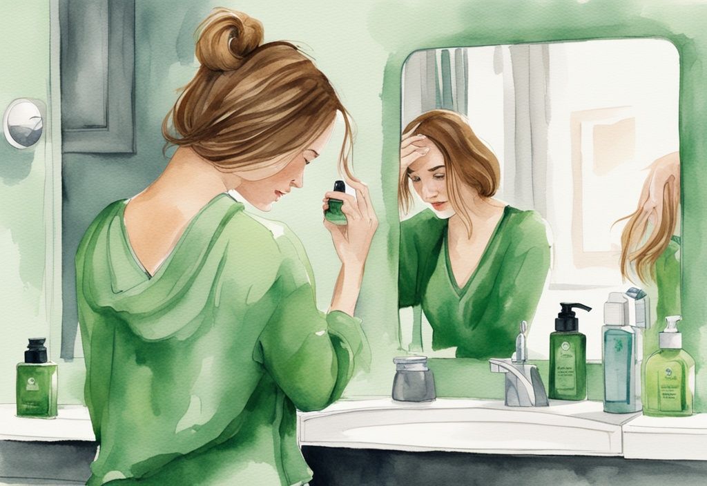 Modern watercolor illustration of worried woman examining thinning hair in mirror with Herbal Essences shampoo bottle on counter, addressing the question: does Herbal Essences cause hair loss?